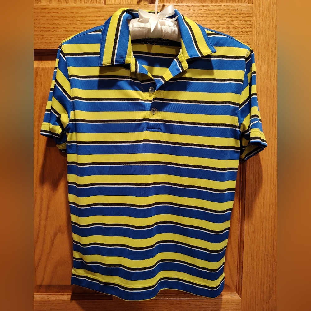 Nike Boys Golf Shirt, Blue And Yellow Striped Polo, Dri-fit